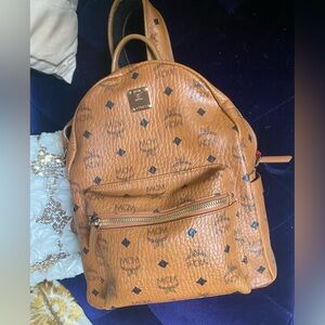 MCM Cognac Logo Print Backpack with Front Zip Pocket